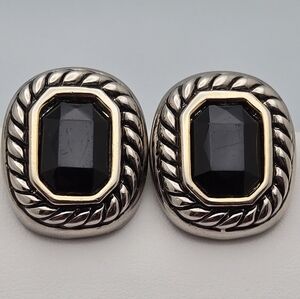 Vintage Silver Tone Black Onyx Clip-On Earrings w/Rope Frame